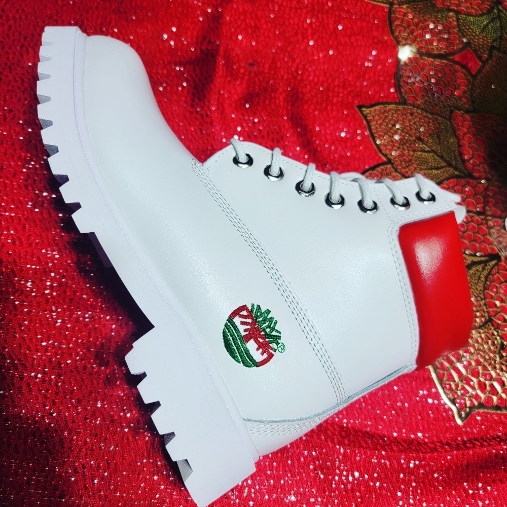 Red Timberland leather ankle custom fashion